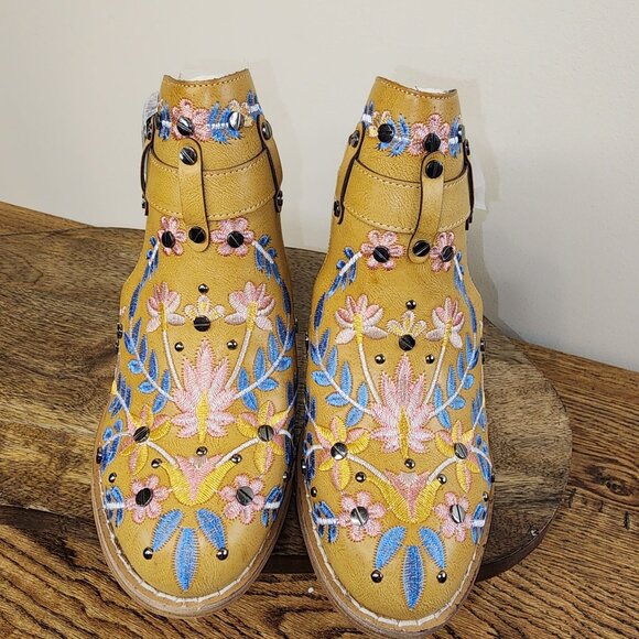 Embroidered Chunky Block Heel Boot with Adjustable Buckle - Picture 8 of 13